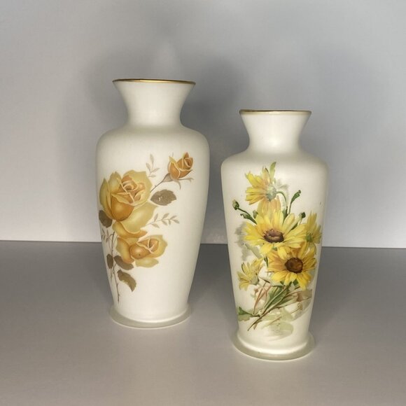 Vintage Frosted Glass Vase with Yellow Flowers - Picture 1 of 8